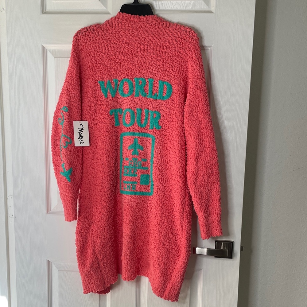 NWT Niki Art in the USA Travel World Tour Long Coral Open Front Cardigan